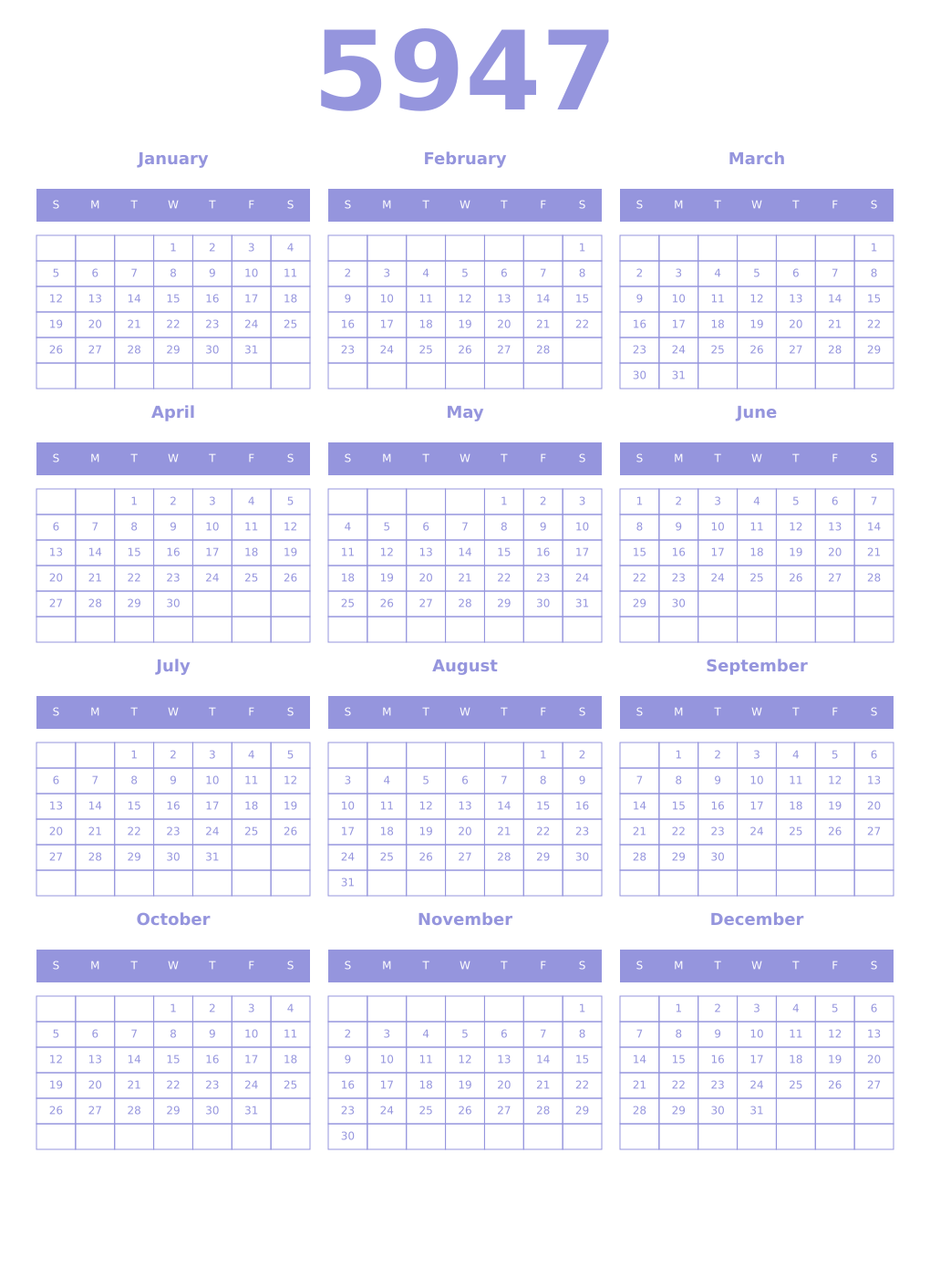 Printable 5947 Year Calendars periwinkle