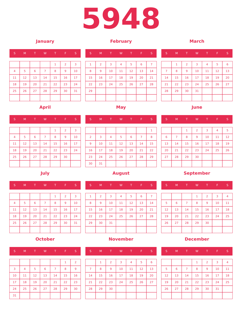 Printable 5948 Year Calendars amaranth
