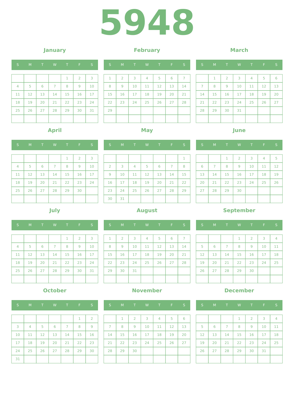 Printable 5948 Year Calendars celadon