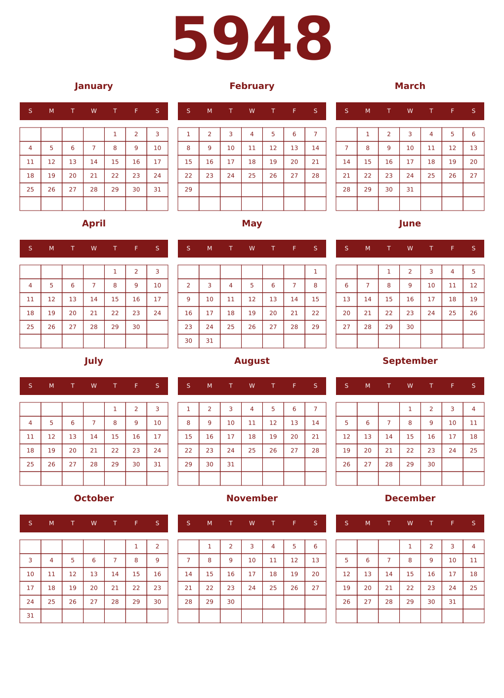 Printable 5948 Year Calendars falu