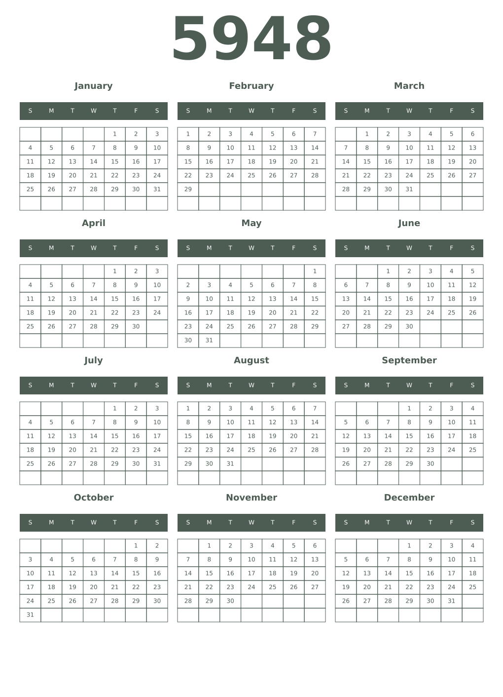 Printable 5948 Year Calendars feldgrau