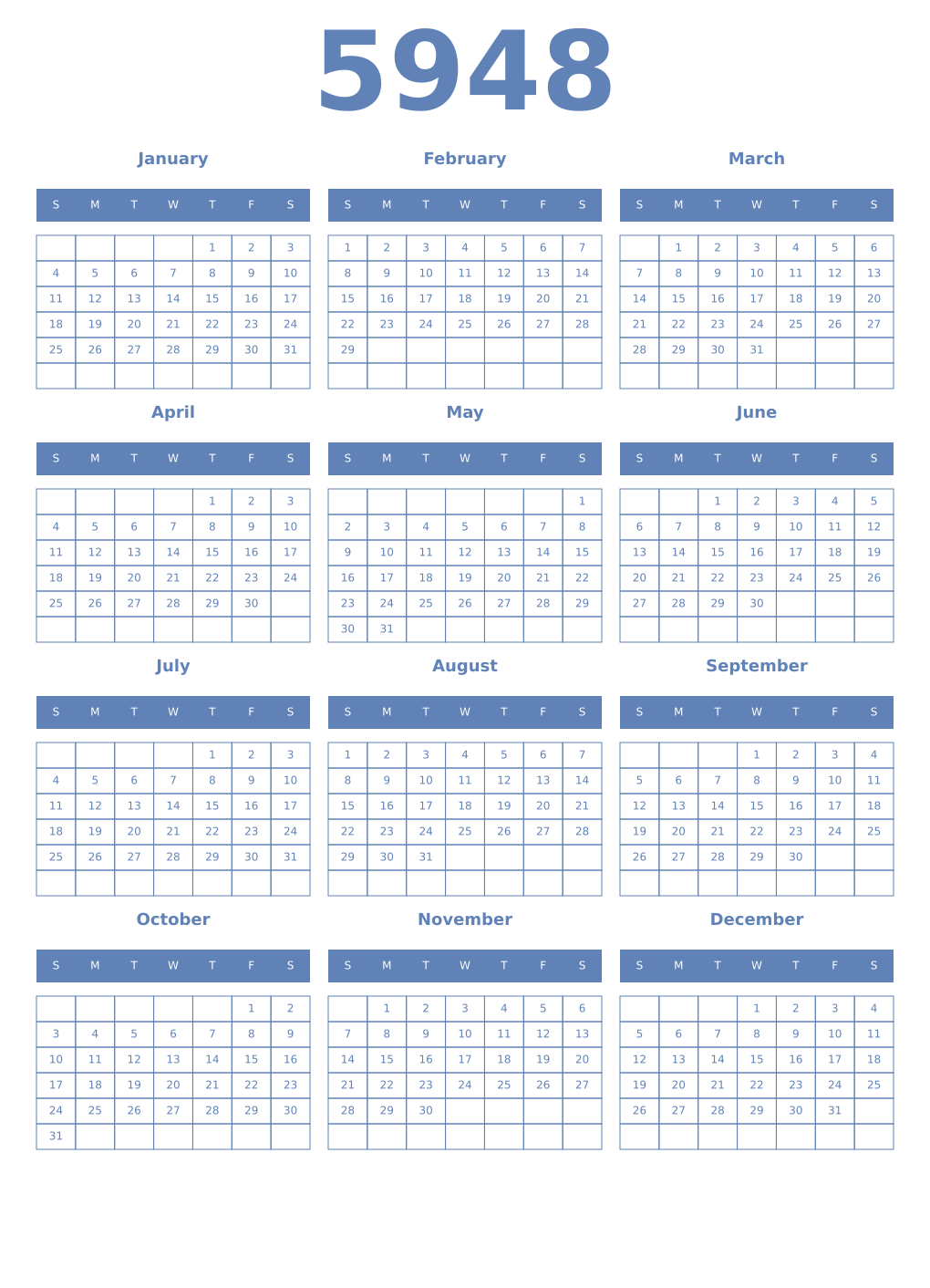 Printable 5948 Year Calendars glaucous