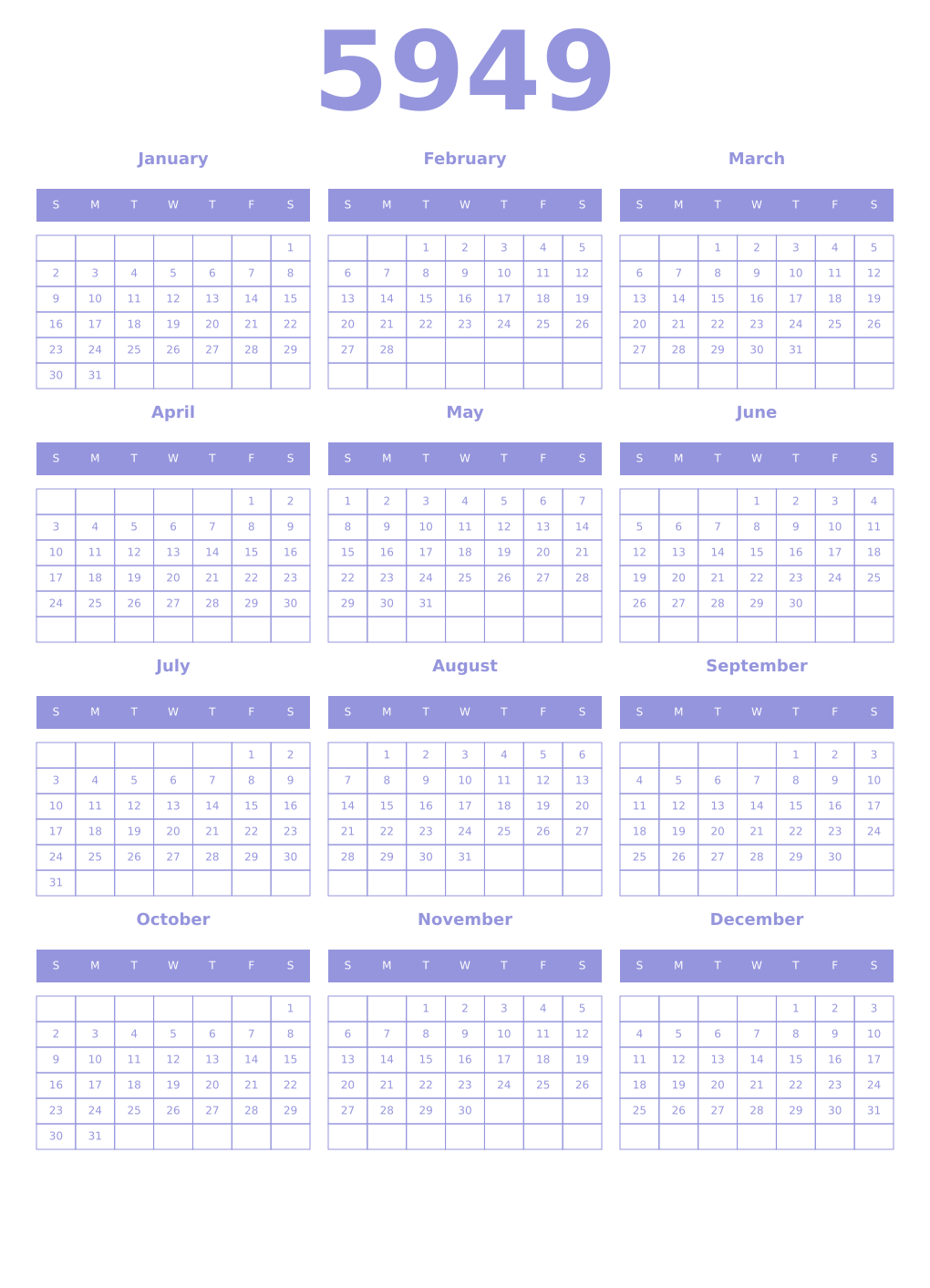 Printable 5949 Year Calendars periwinkle