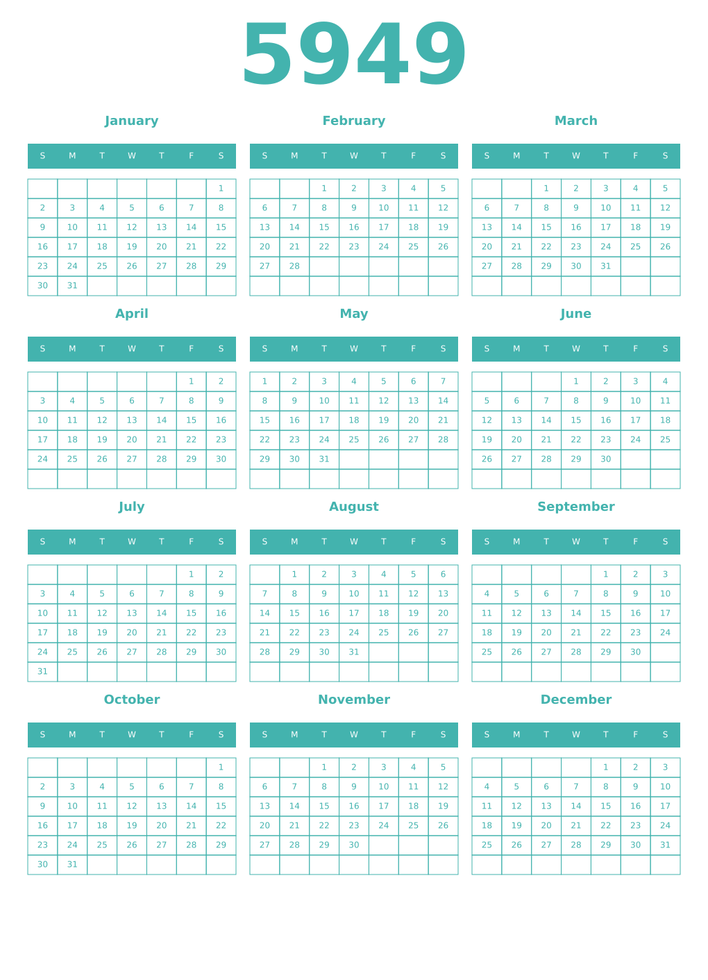Printable 5949 Year Calendars verdigris
