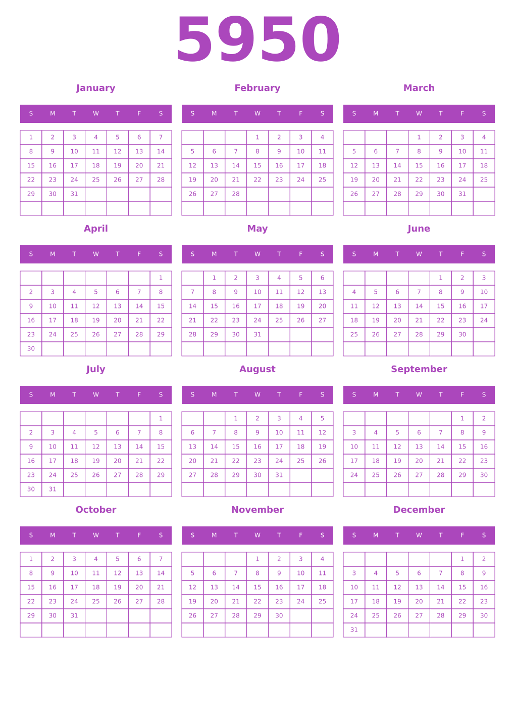 Printable 5950 Calendars
