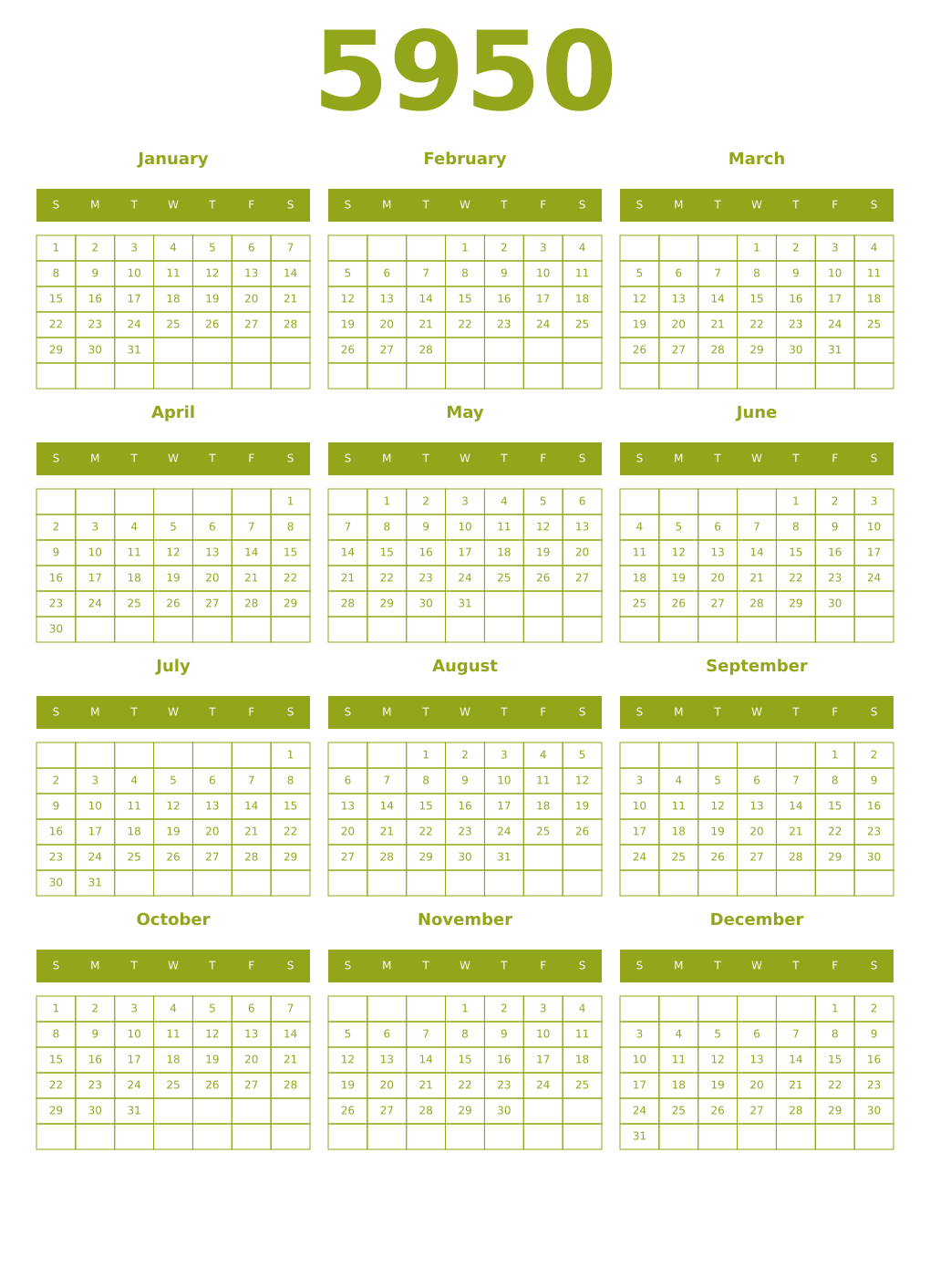 Printable 5950 Year Calendars chartreuse