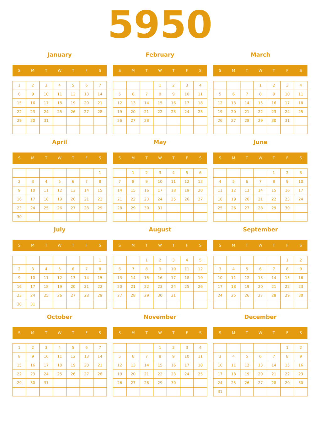 Printable 5950 Year Calendars gamboge