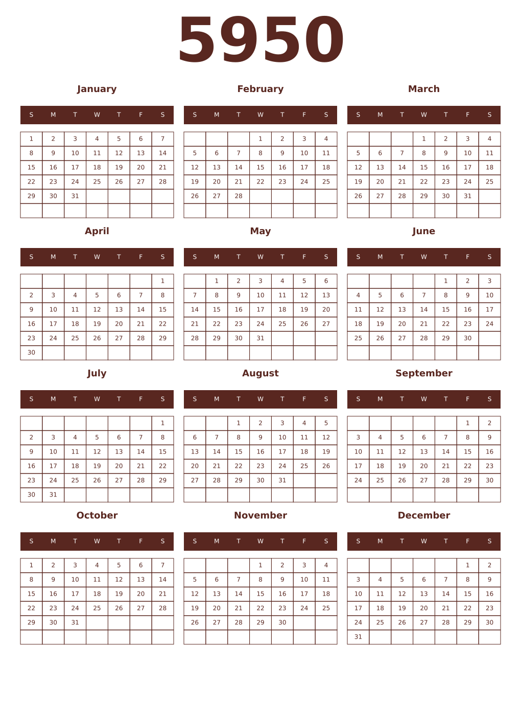 Printable 5950 Year Calendars mortuum