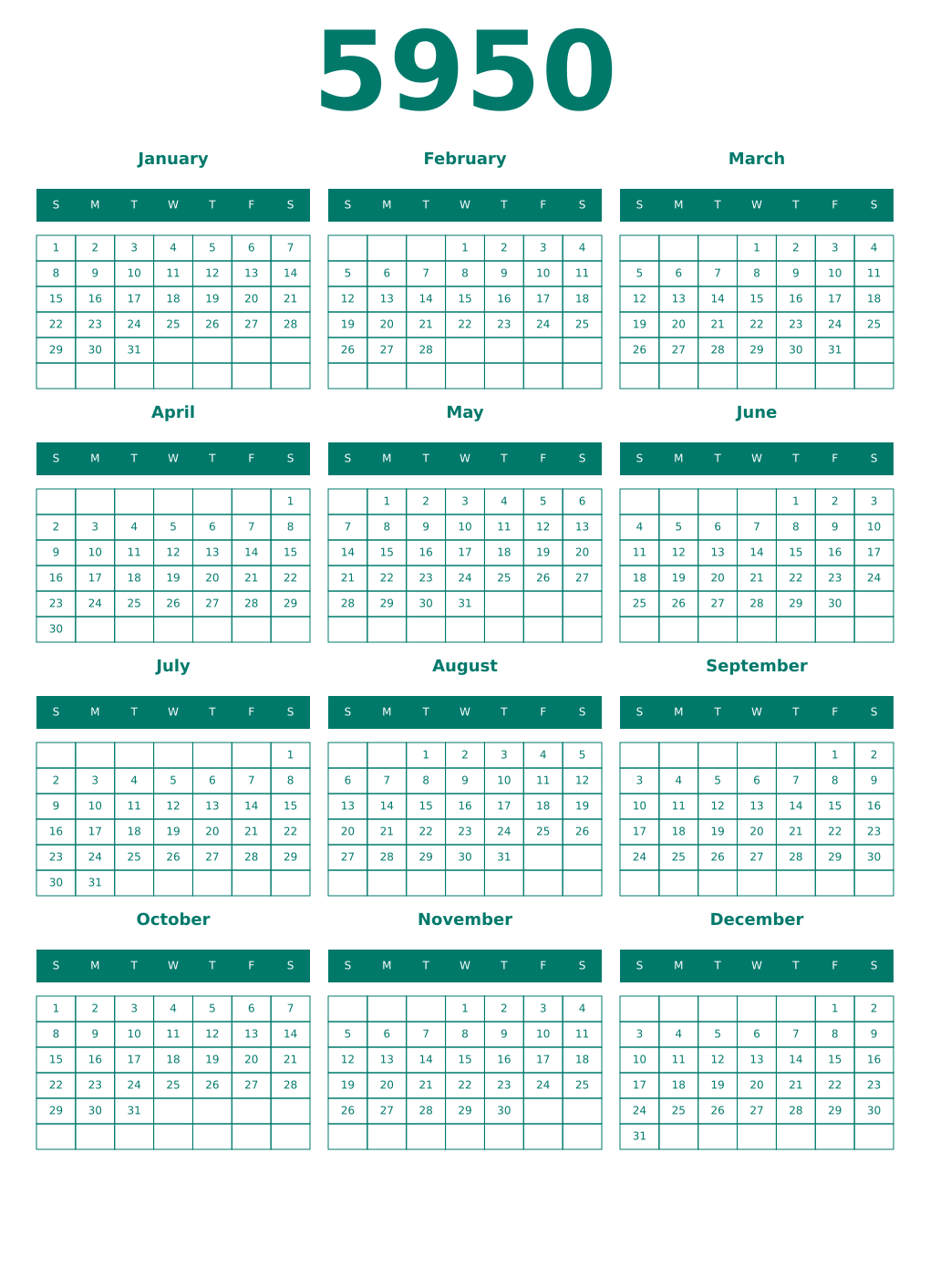 Printable 5950 Year Calendars pastel