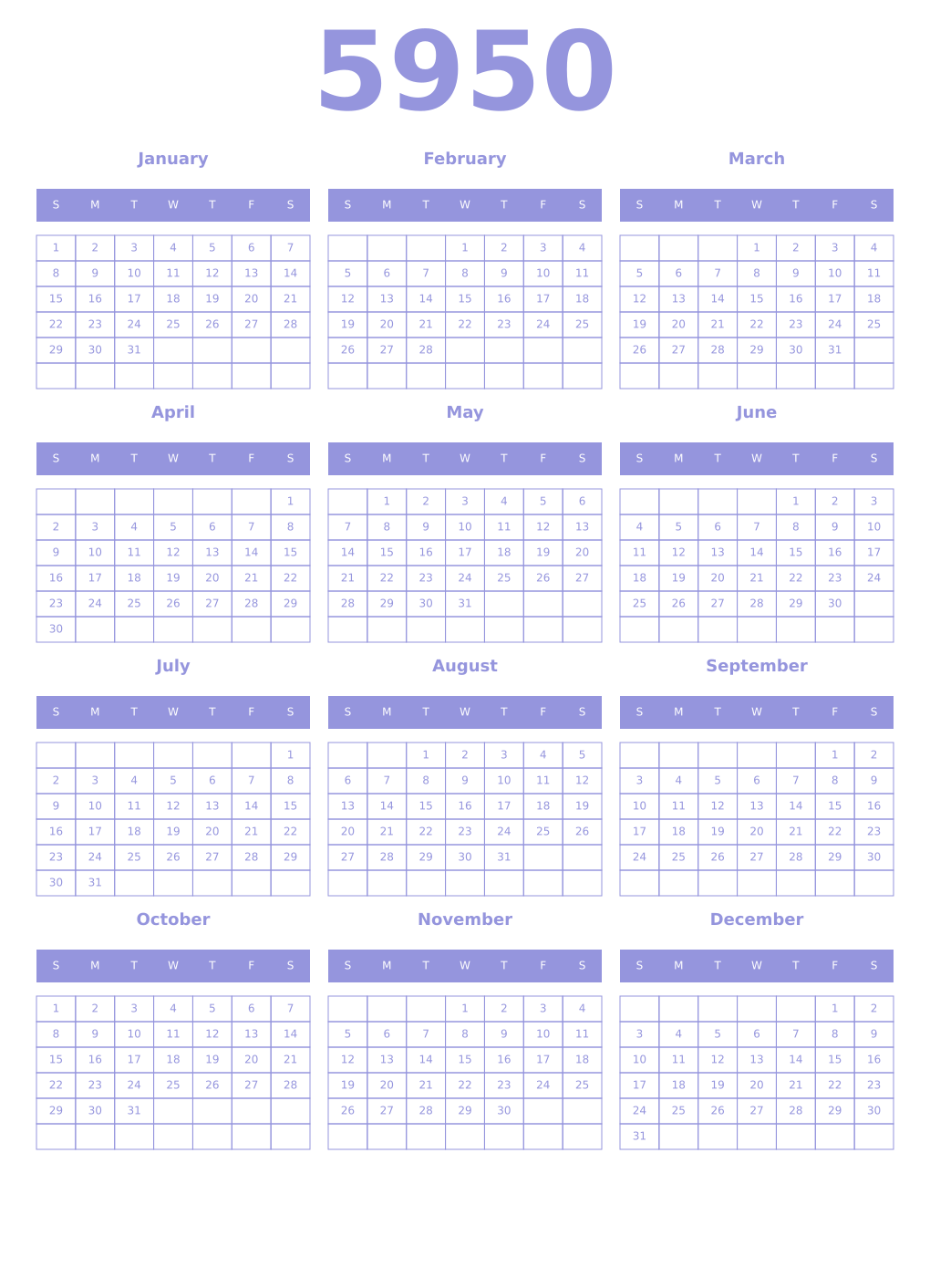 Printable 5950 Year Calendars periwinkle