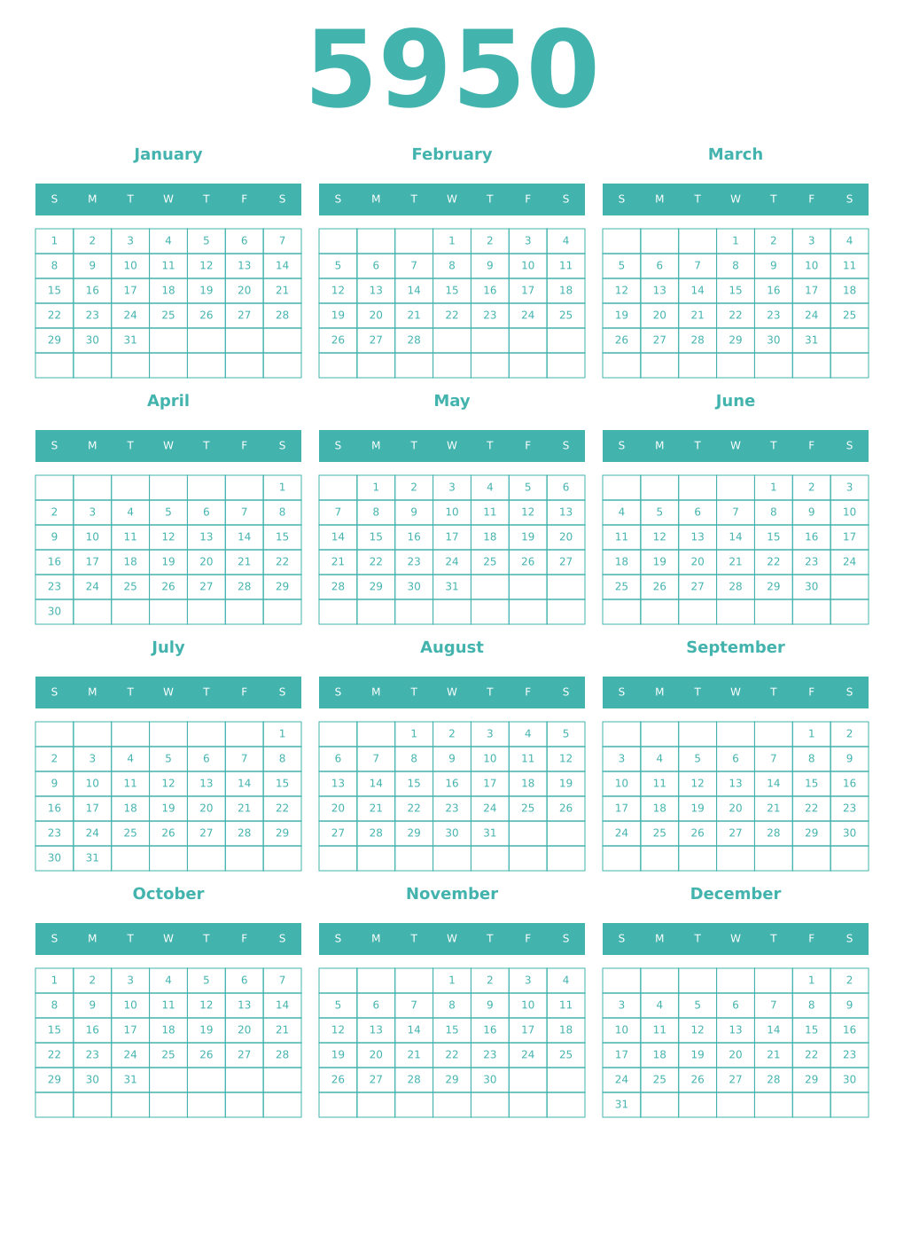 Printable 5950 Year Calendars verdigris