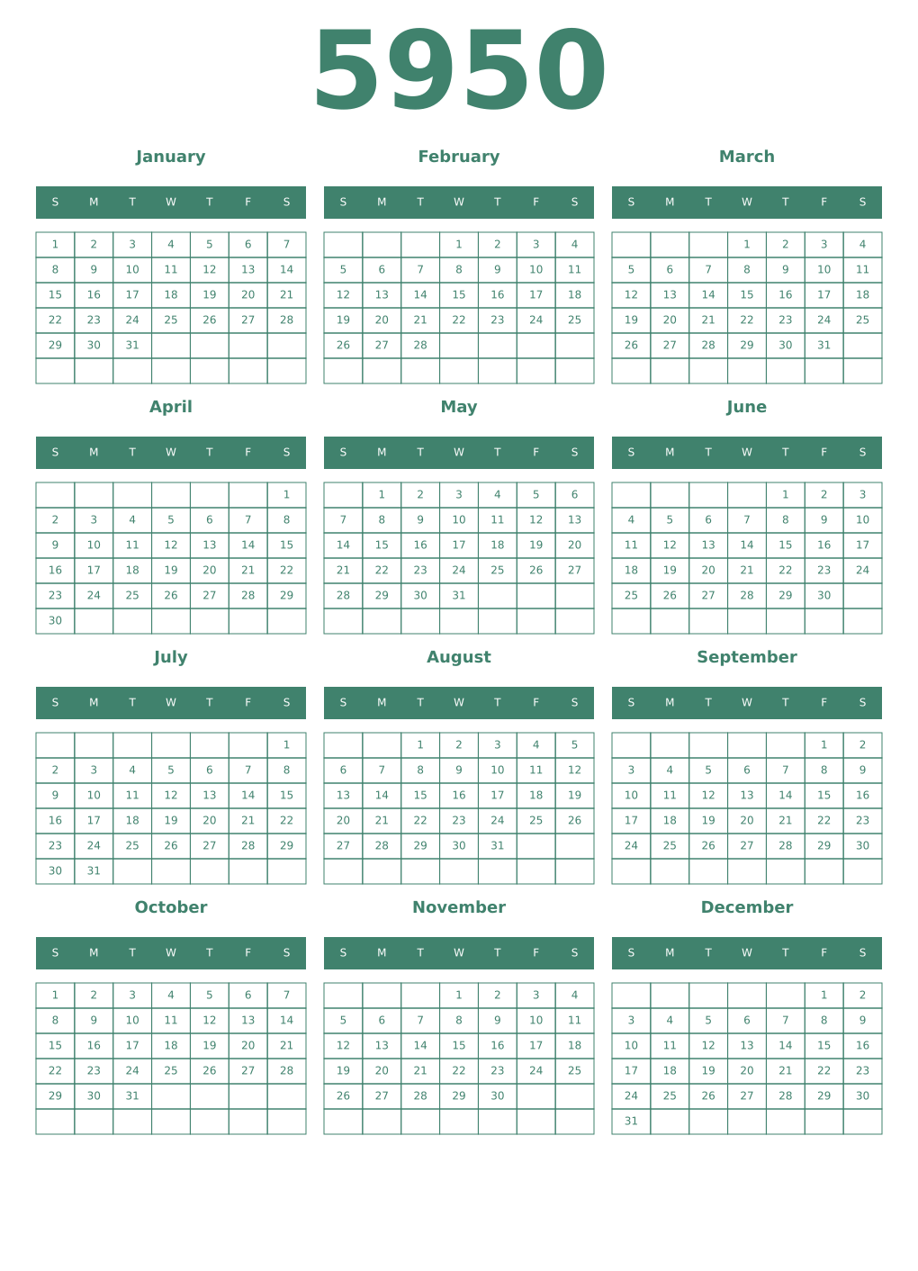 Printable 5950 Year Calendars viridian
