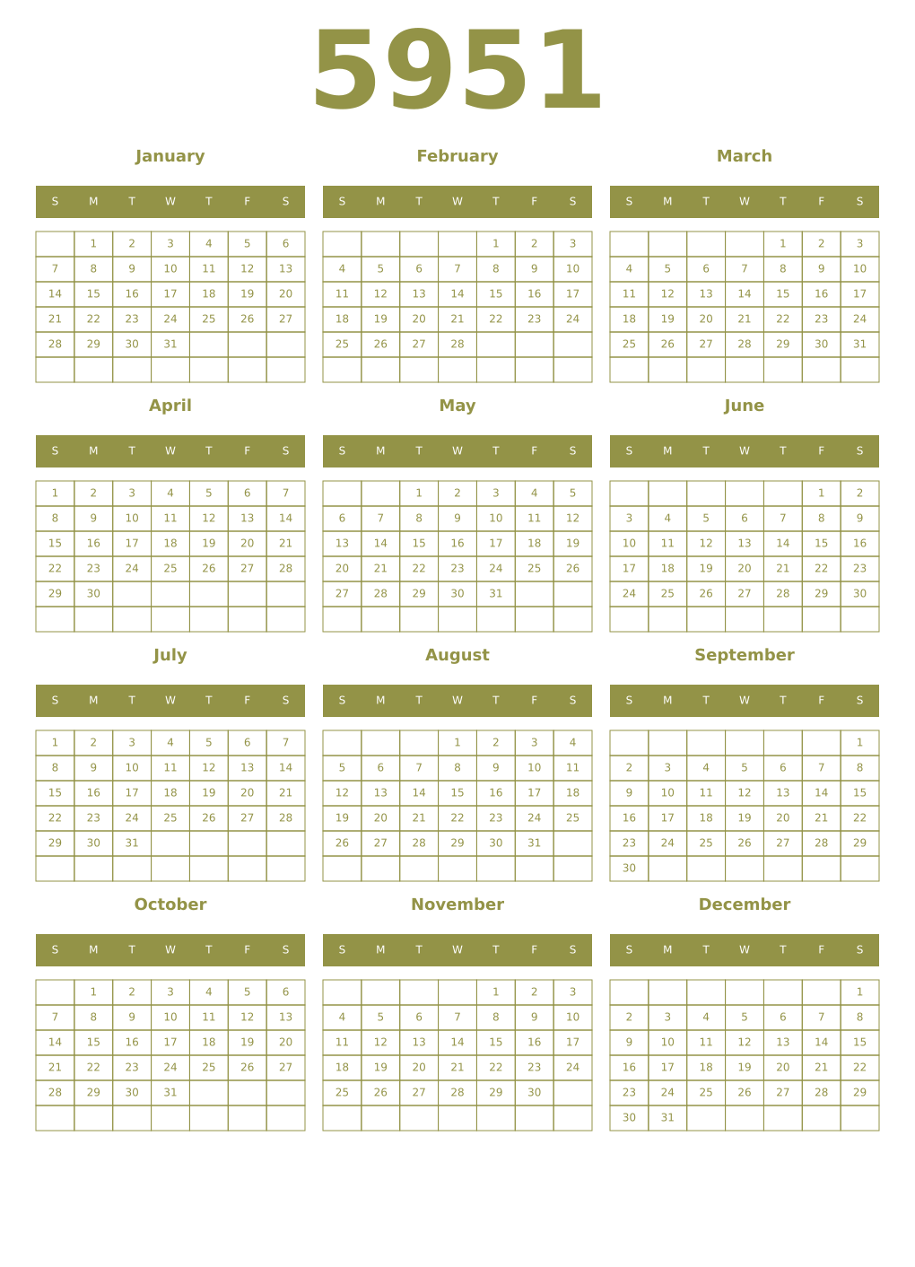Printable 5951 Year Calendars eburnean
