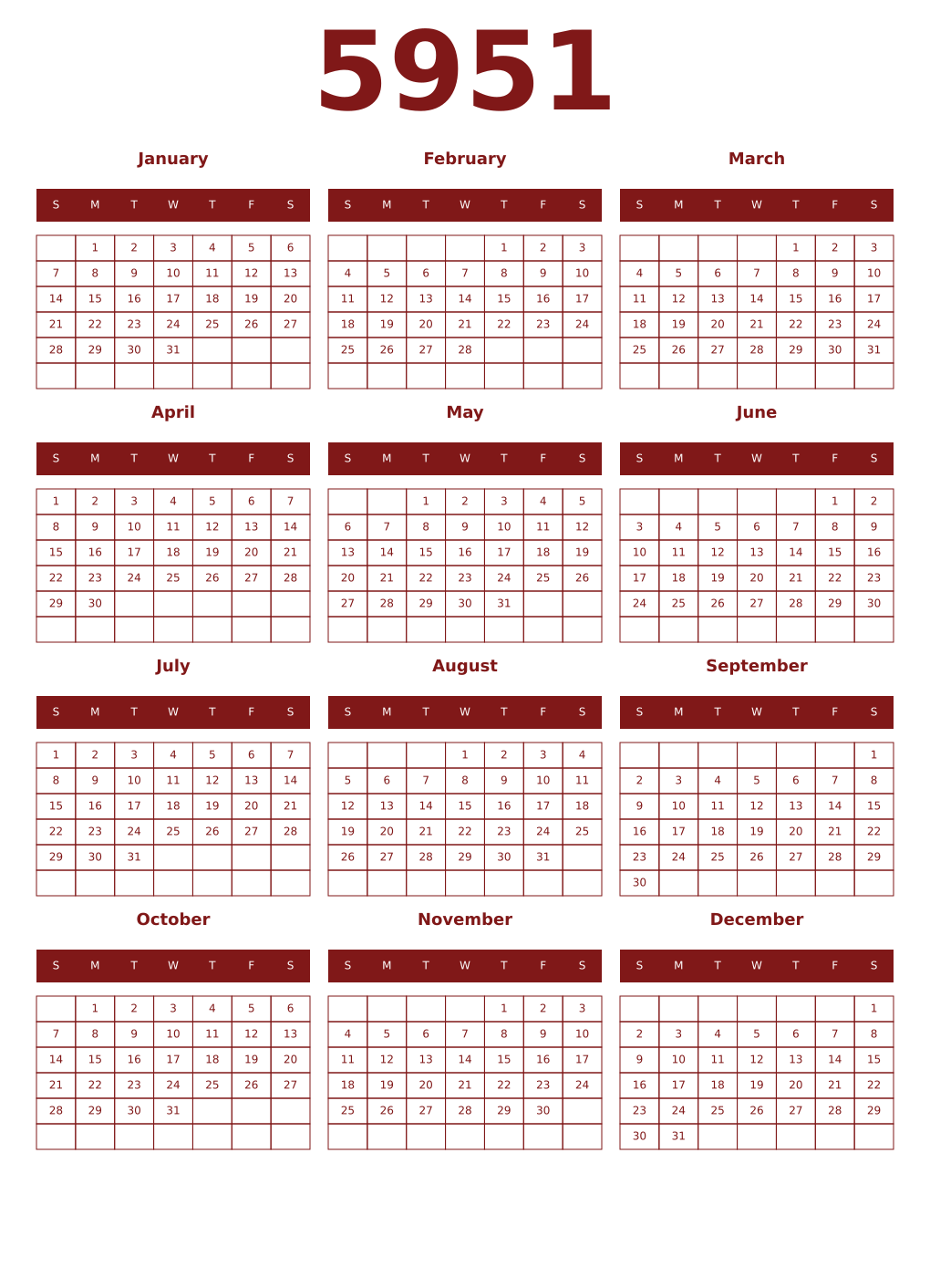 Printable 5951 Year Calendars falu
