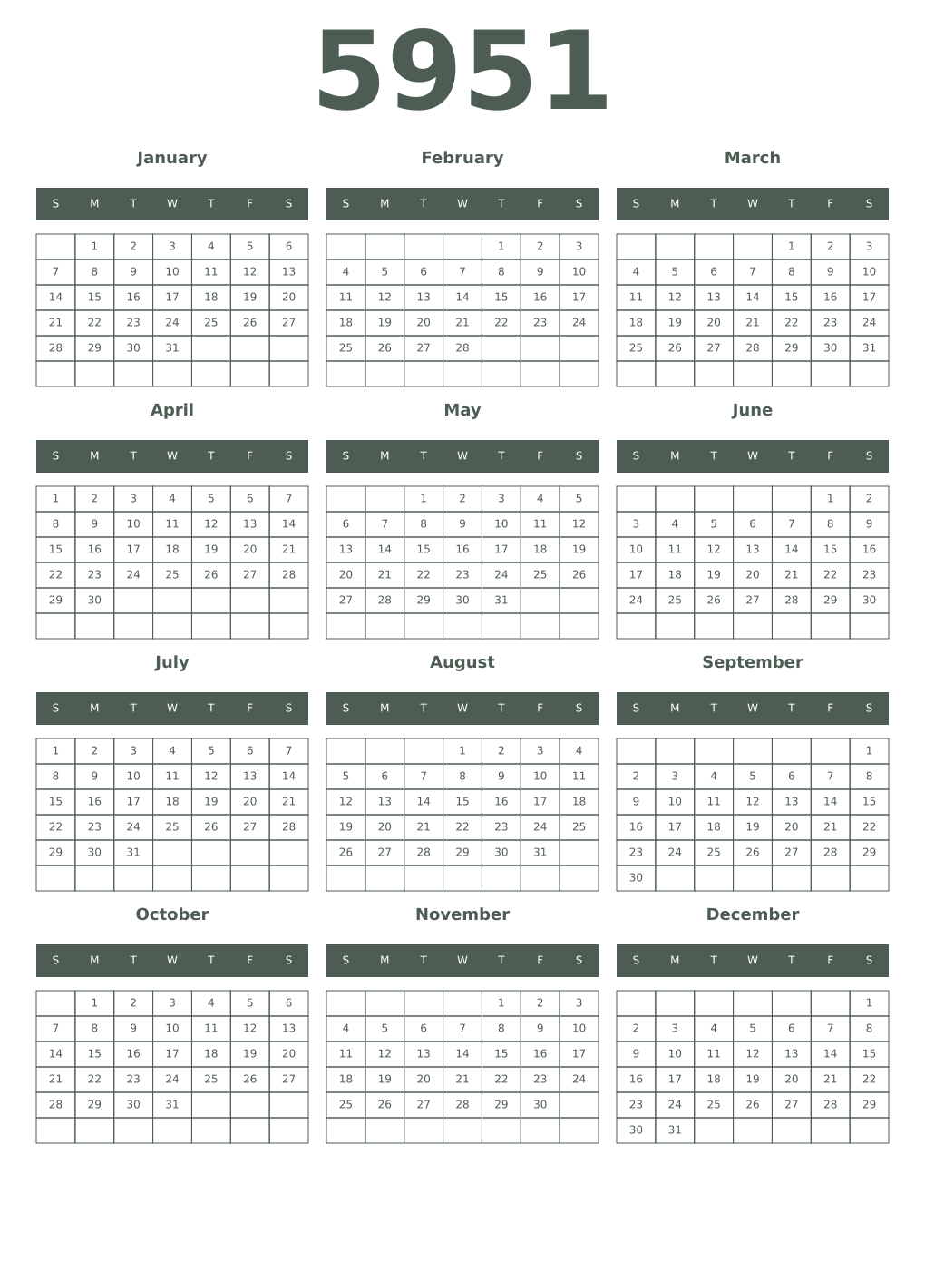 Printable 5951 Year Calendars feldgrau