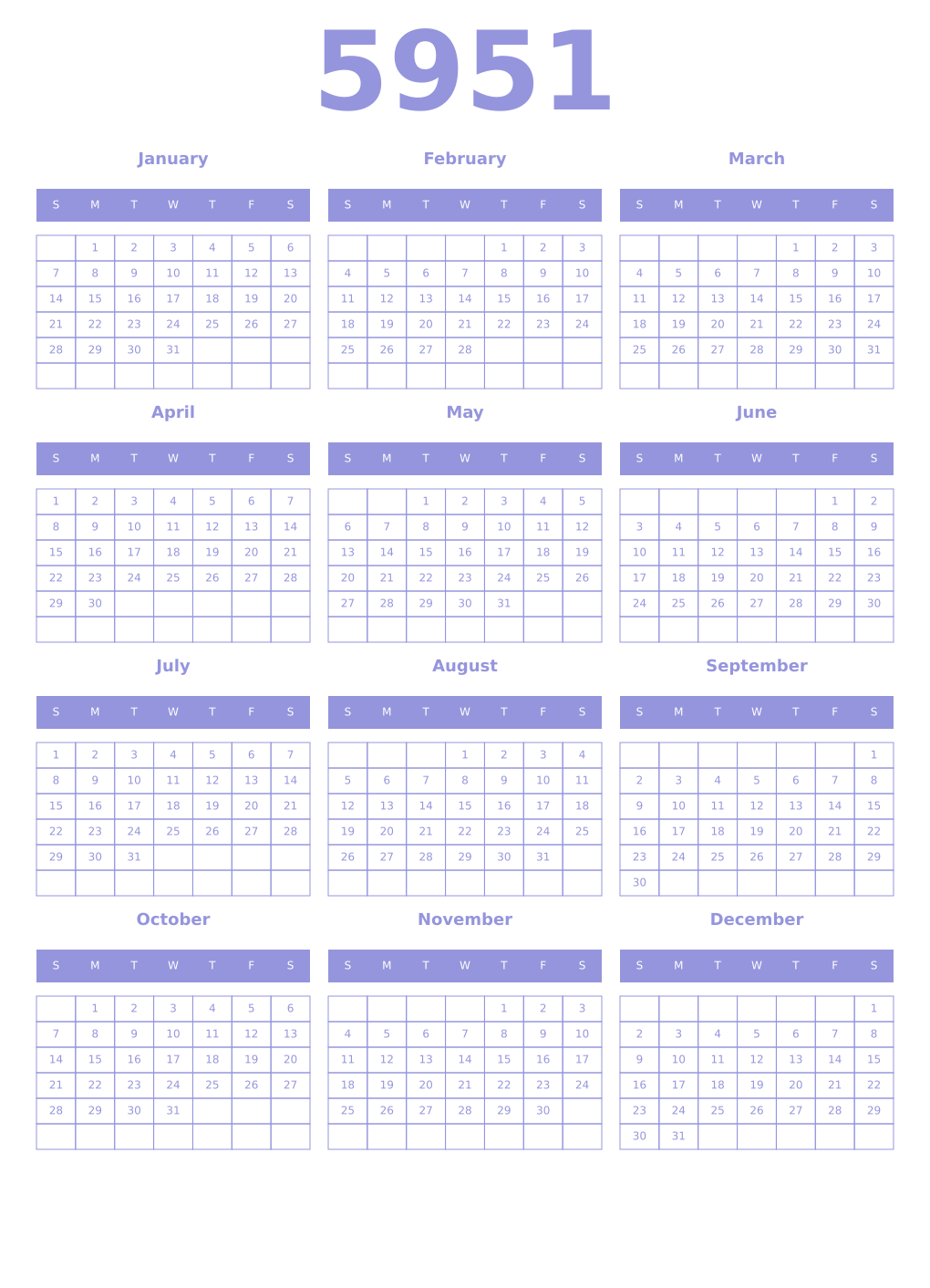 Printable 5951 Year Calendars periwinkle