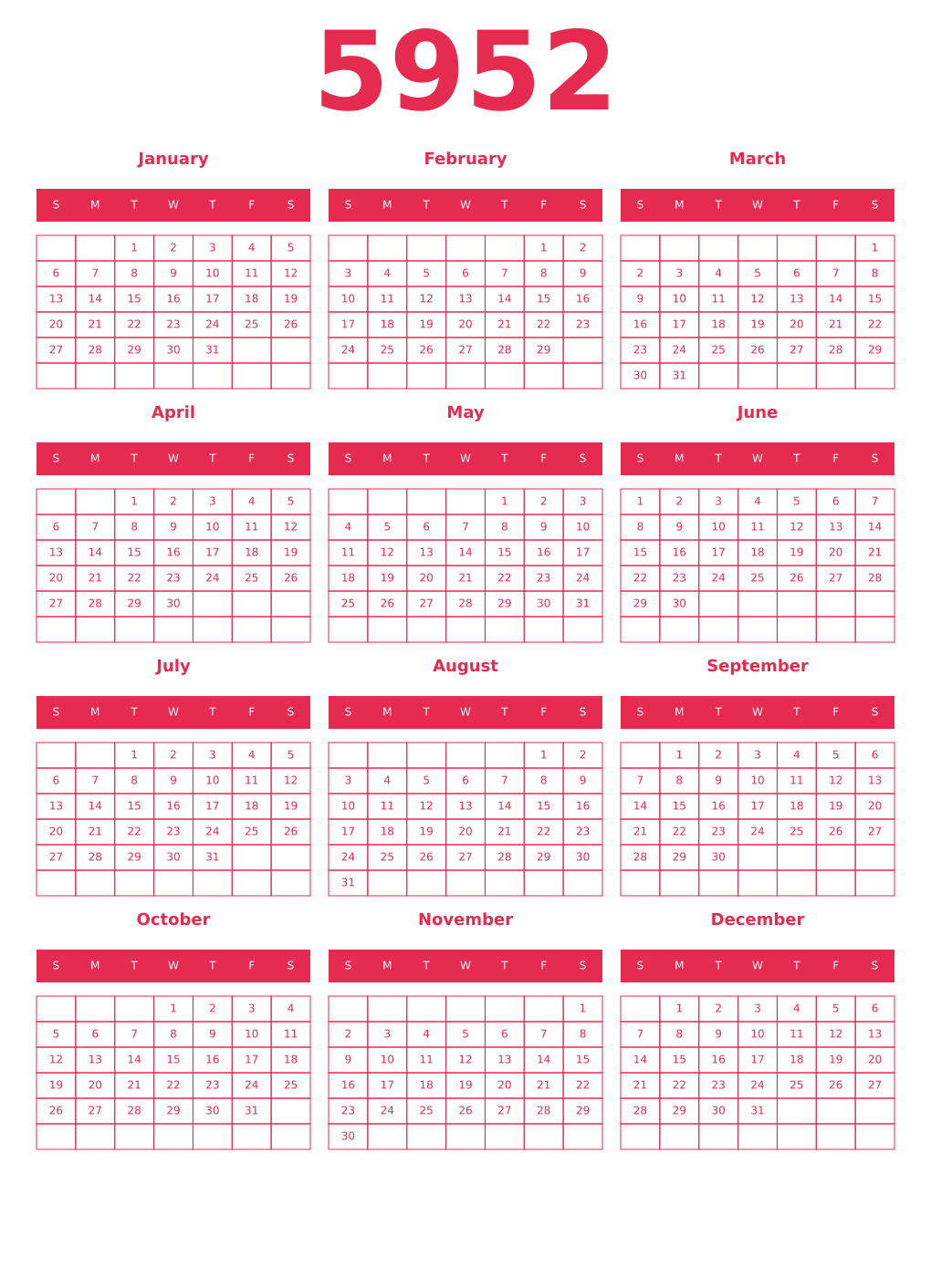 Printable 5952 Year Calendars amaranth