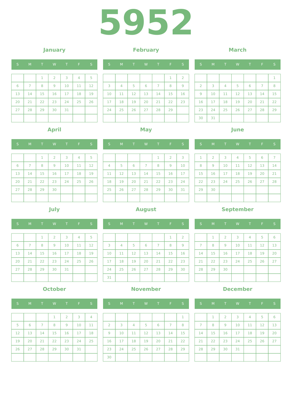 Printable 5952 Year Calendars celadon