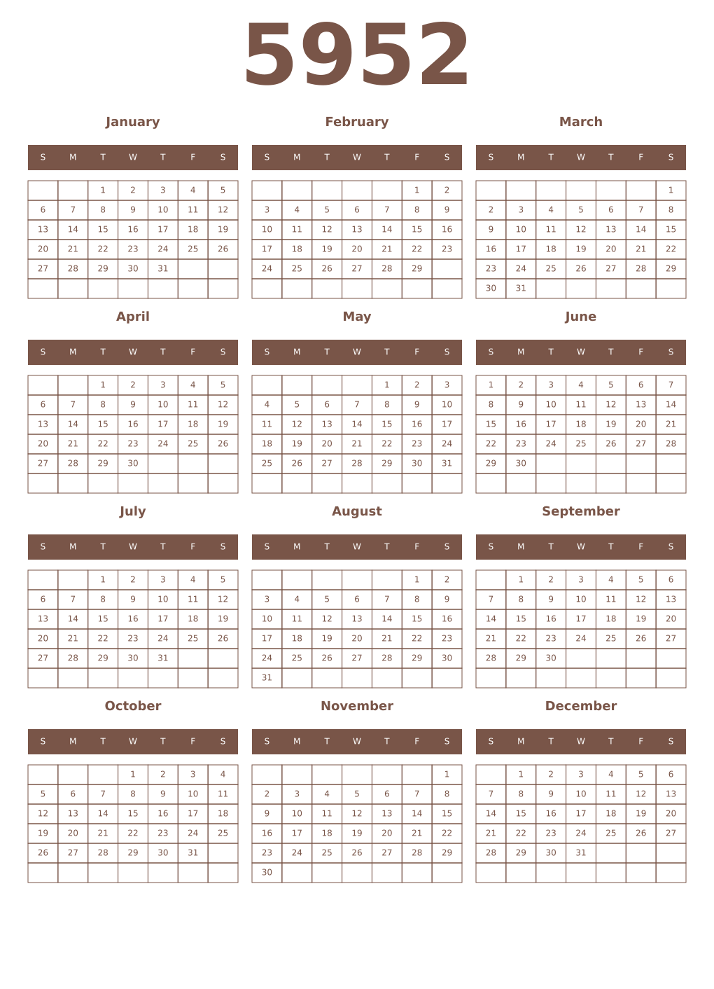 Printable 5952 Year Calendars coffe