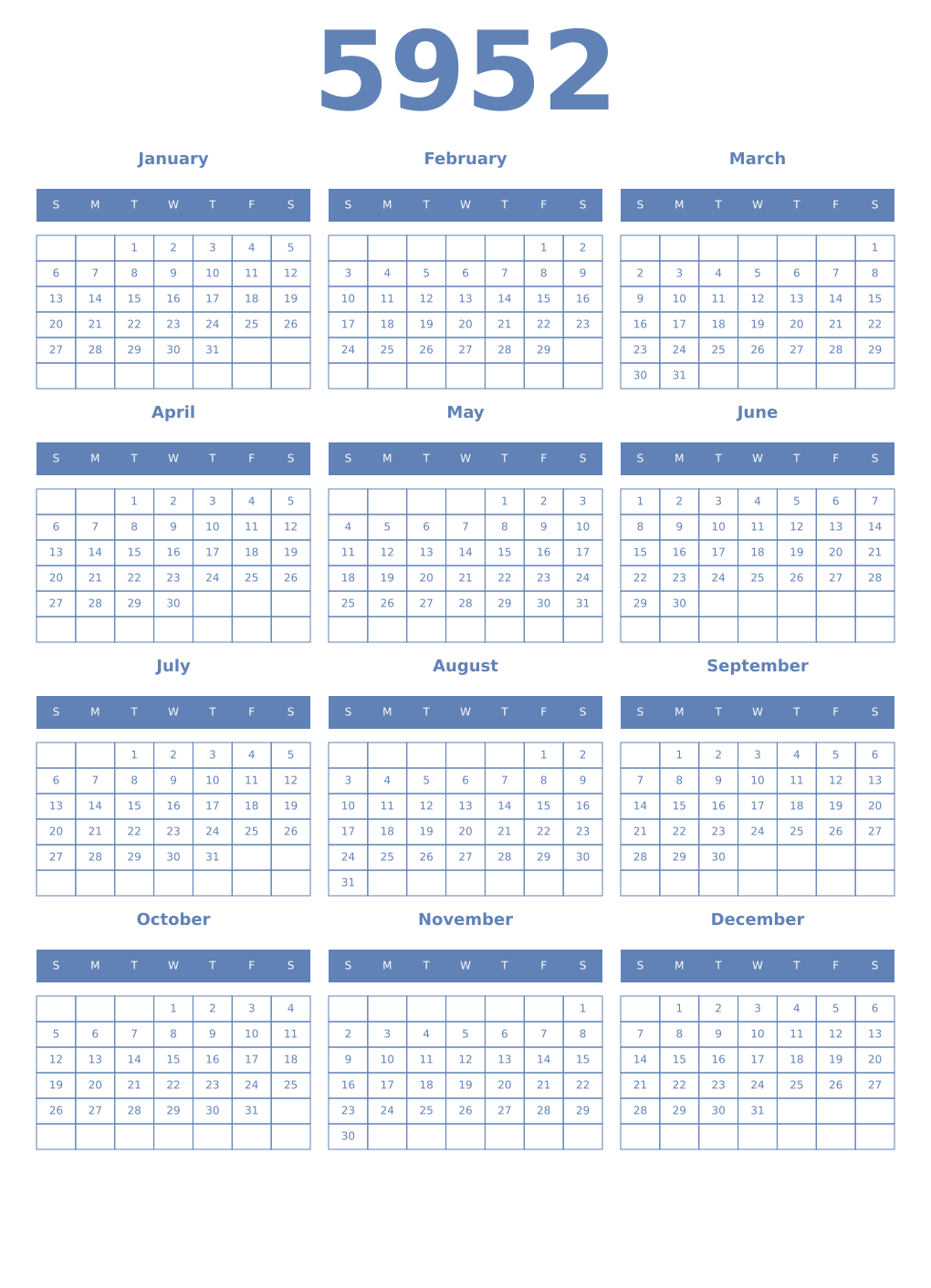 Printable 5952 Year Calendars glaucous