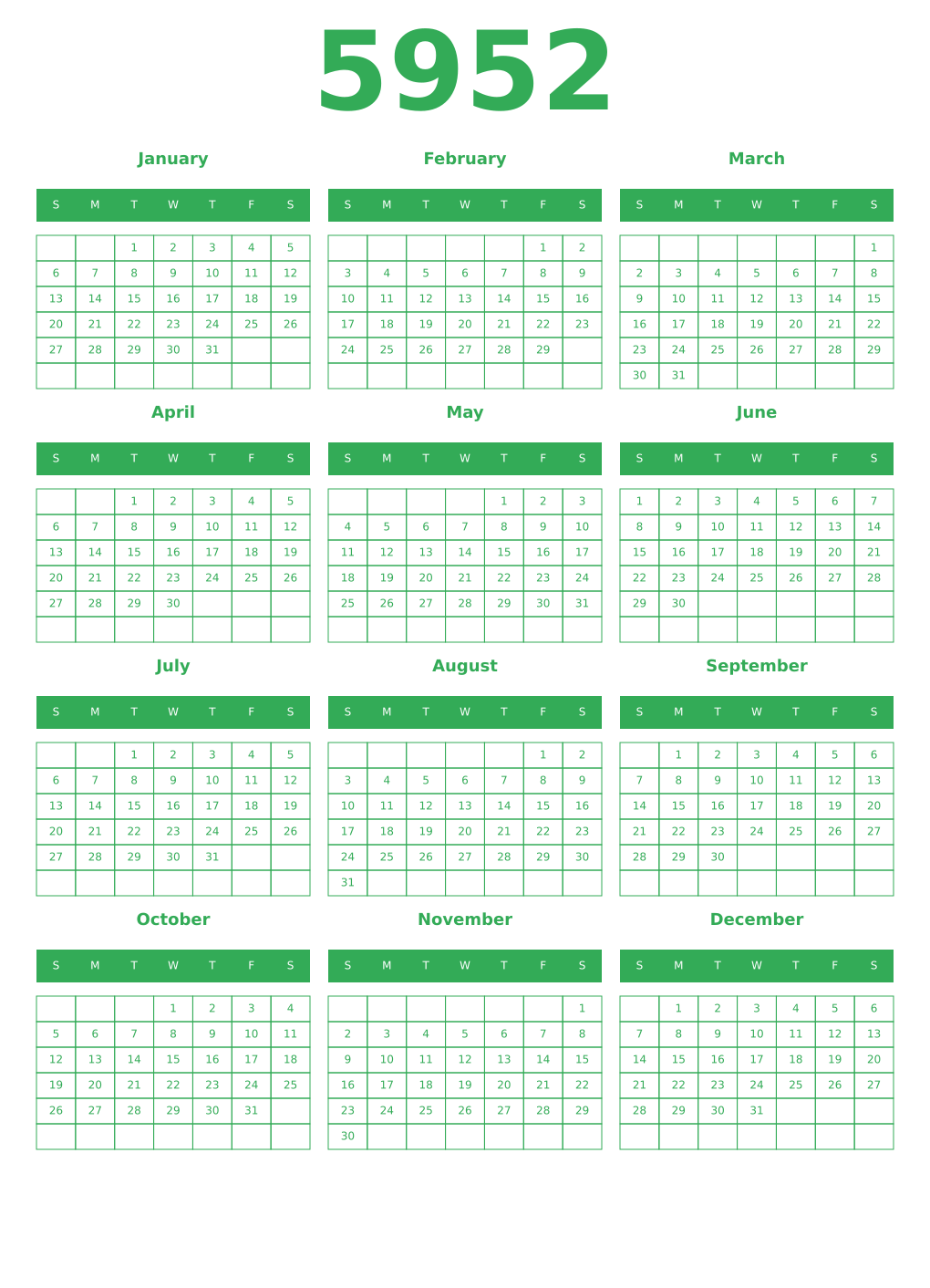 Printable 5952 Year Calendars green