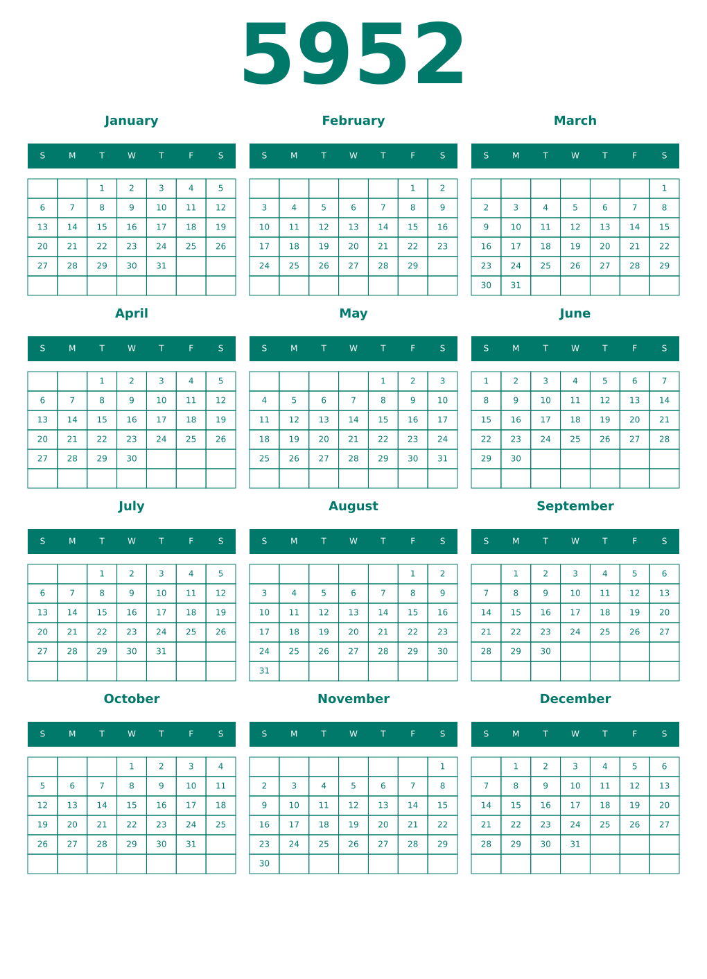 Printable 5952 Year Calendars pastel