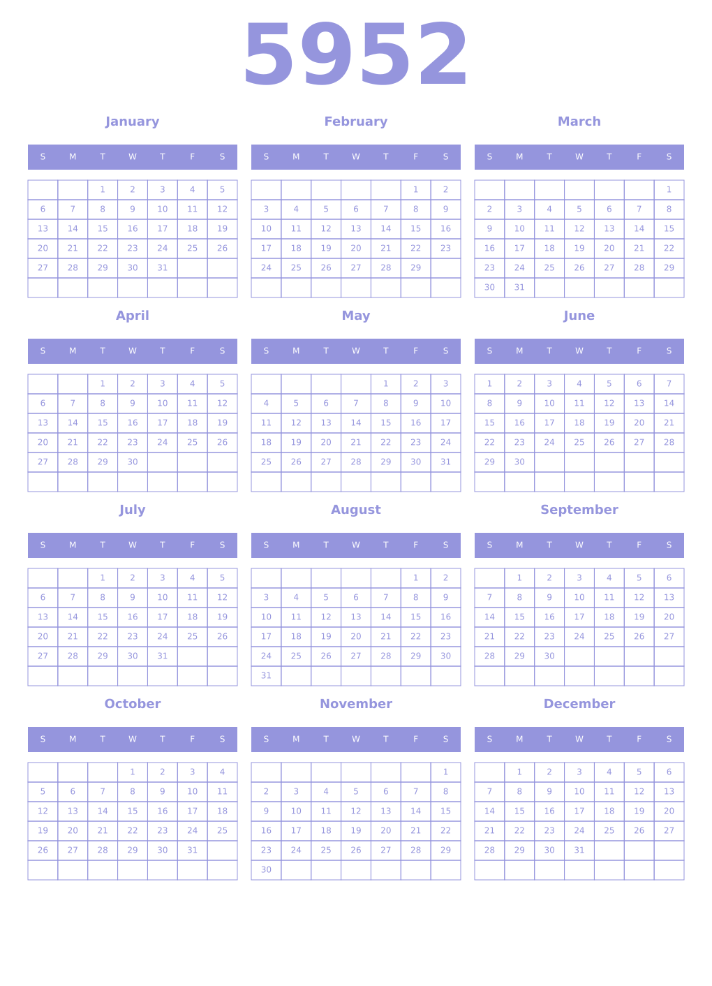Printable 5952 Year Calendars periwinkle