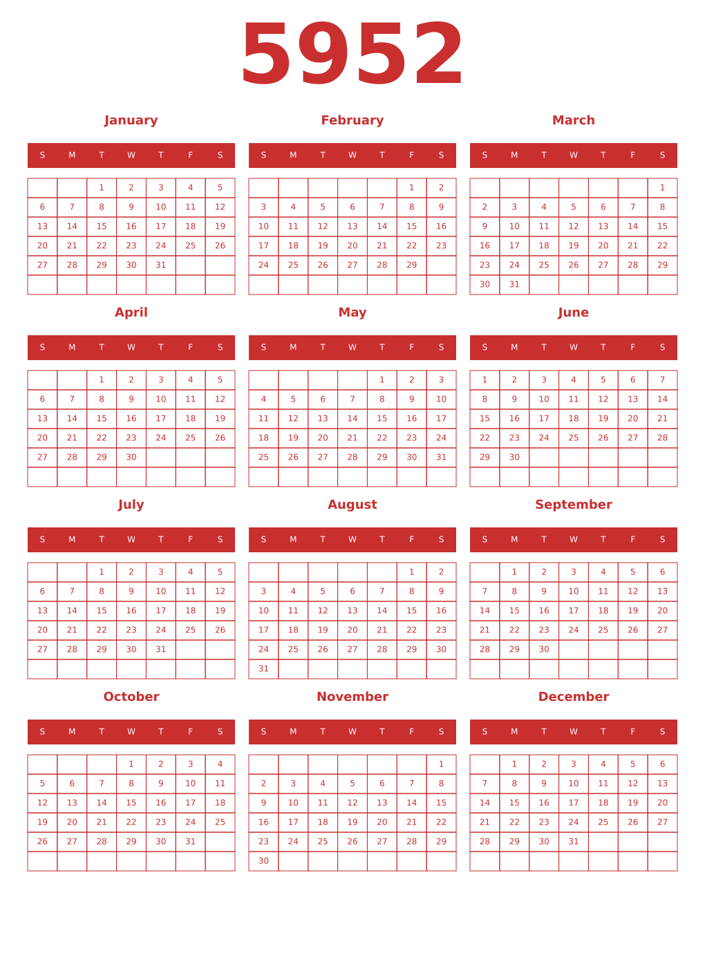 Printable 5952 Year Calendars red