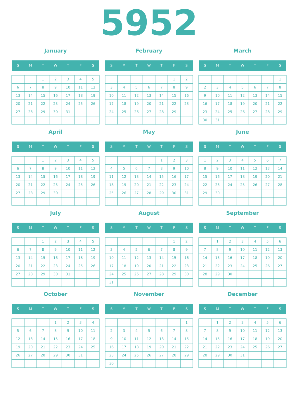 Printable 5952 Year Calendars verdigris