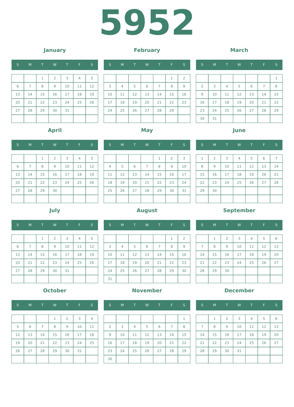 Printable 5952 Year Calendars viridian