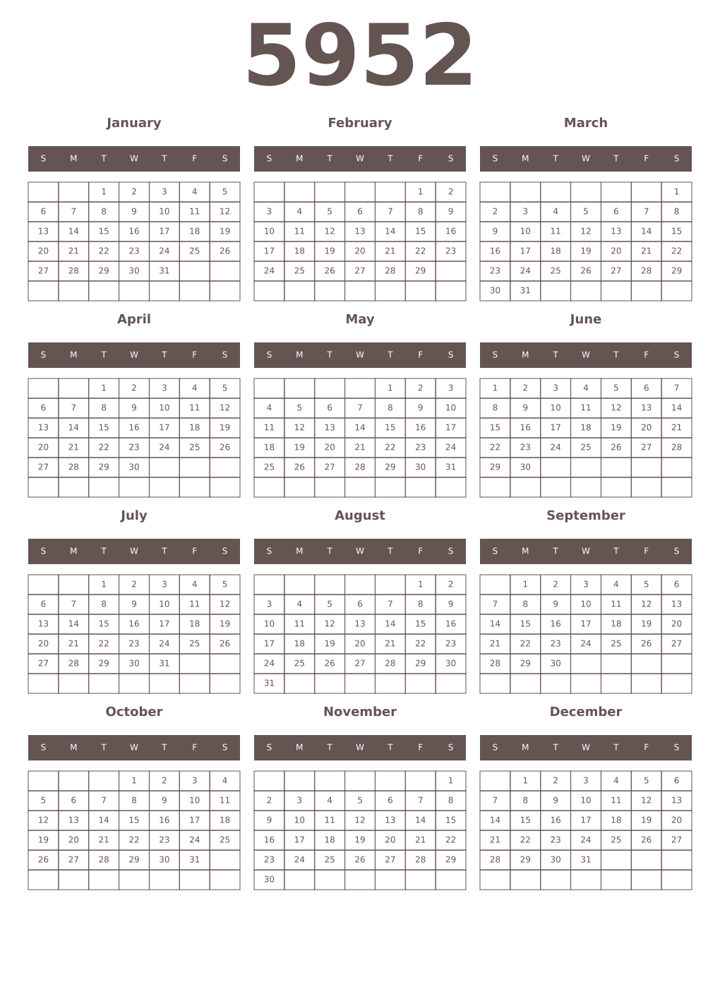Printable 5952 Year Calendars wenge