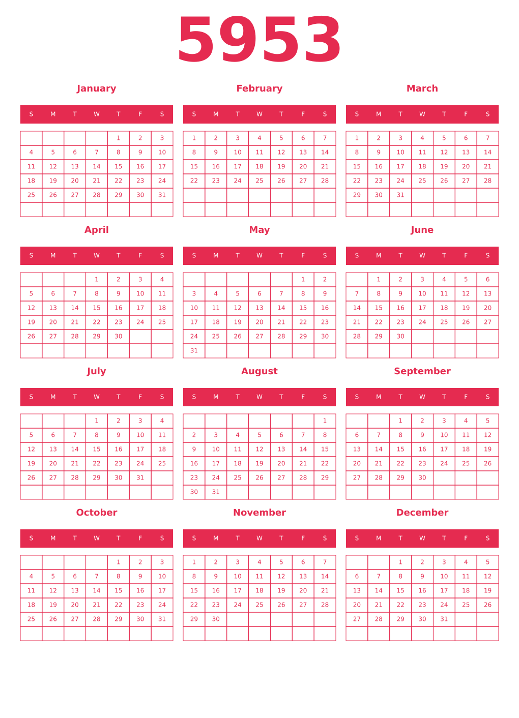 Printable 5953 Year Calendars amaranth