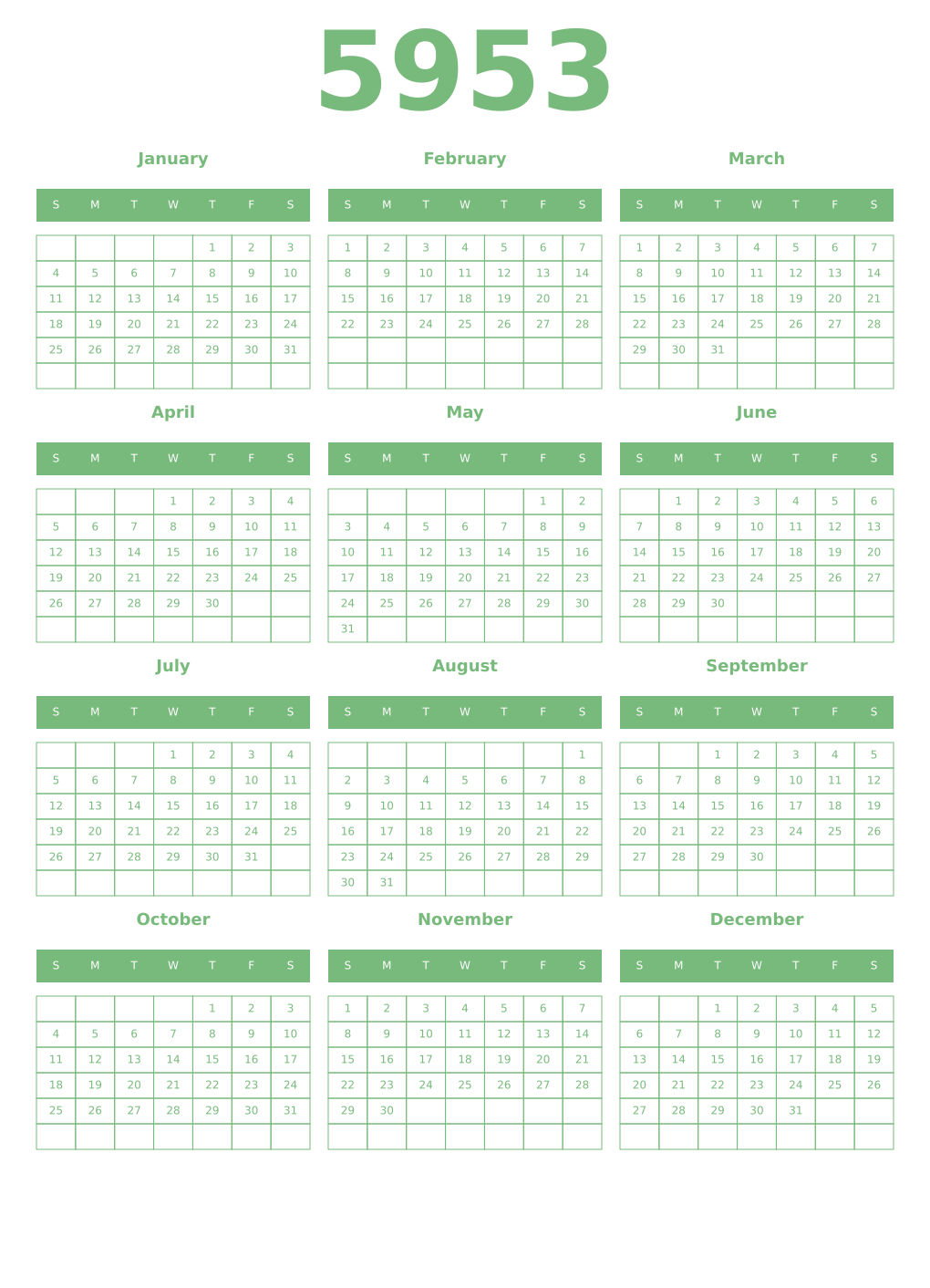 Printable 5953 Year Calendars celadon