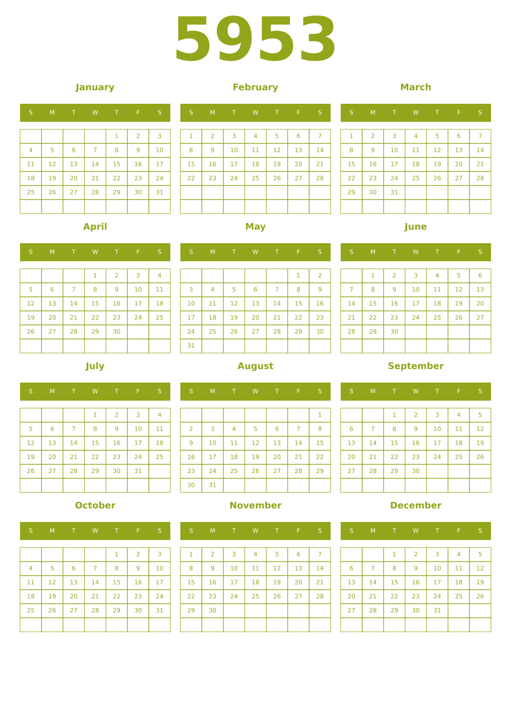 Printable 5953 Year Calendars chartreuse