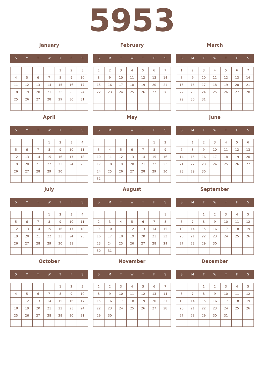 Printable 5953 Year Calendars coffe