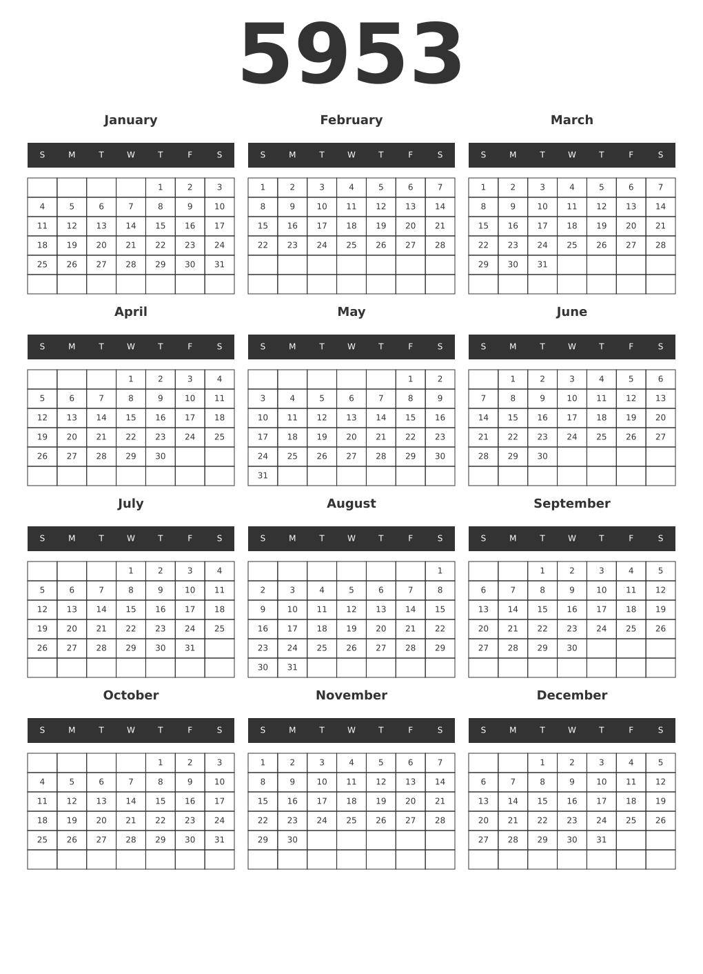 Printable 5953 Year Calendars dark