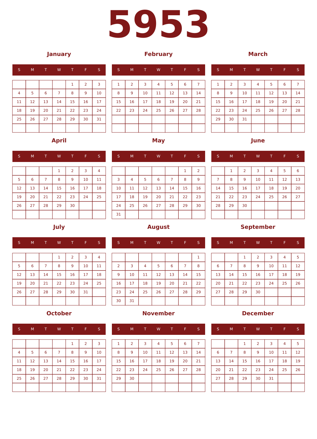 Printable 5953 Year Calendars falu