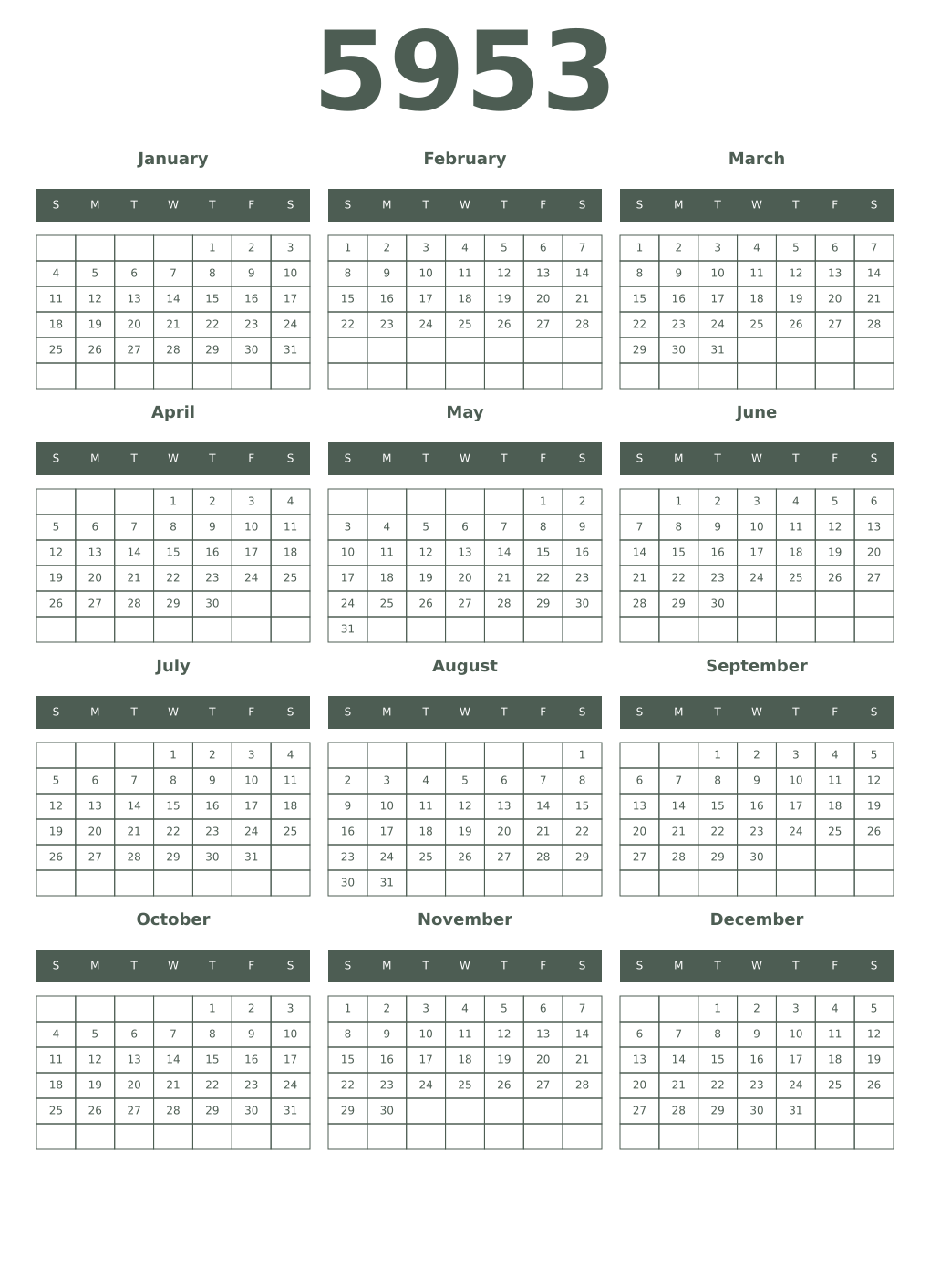 Printable 5953 Year Calendars feldgrau