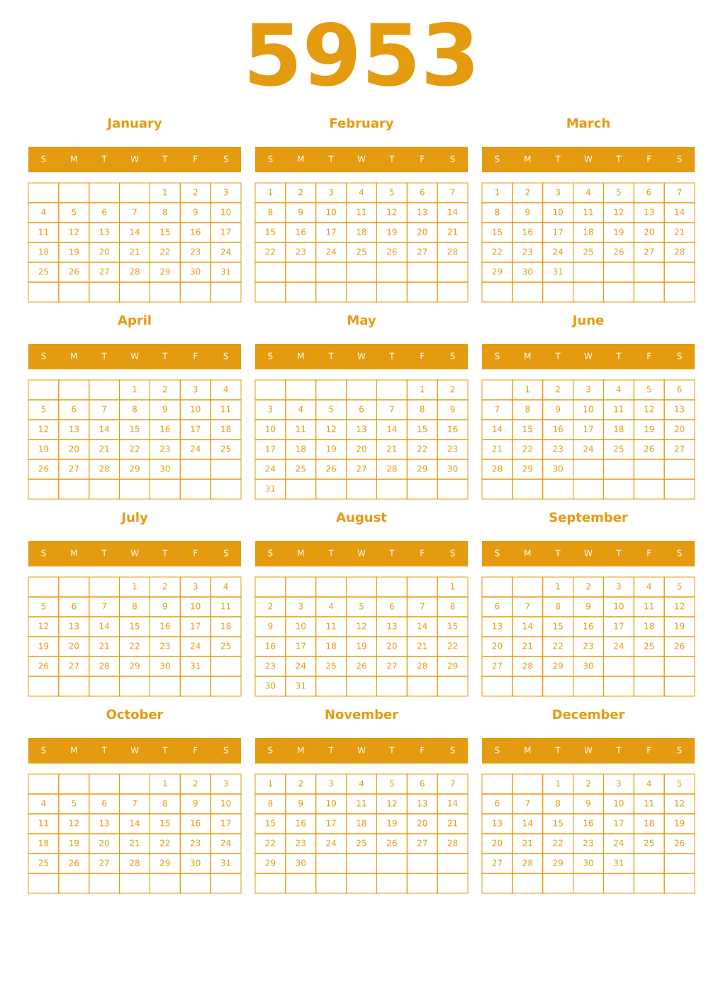 Printable 5953 Year Calendars gamboge