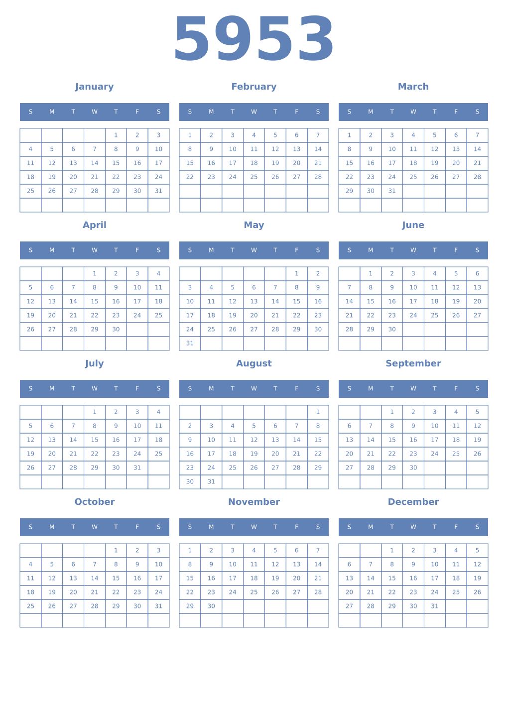 Printable 5953 Year Calendars glaucous
