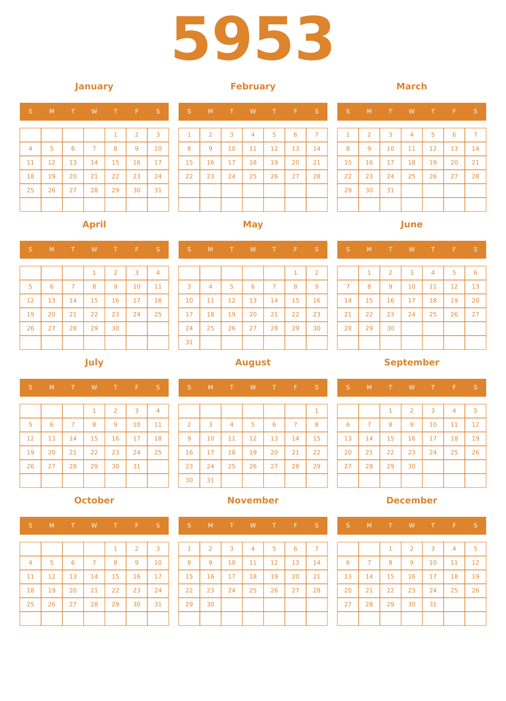Printable 5953 Year Calendars orange
