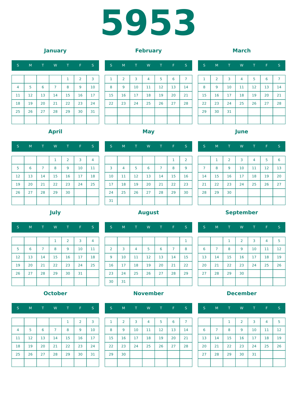 Printable 5953 Year Calendars pastel