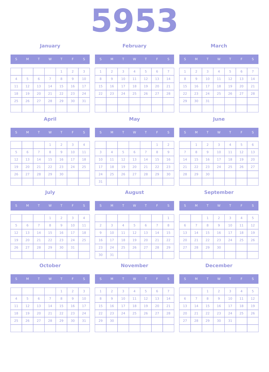 Printable 5953 Year Calendars periwinkle
