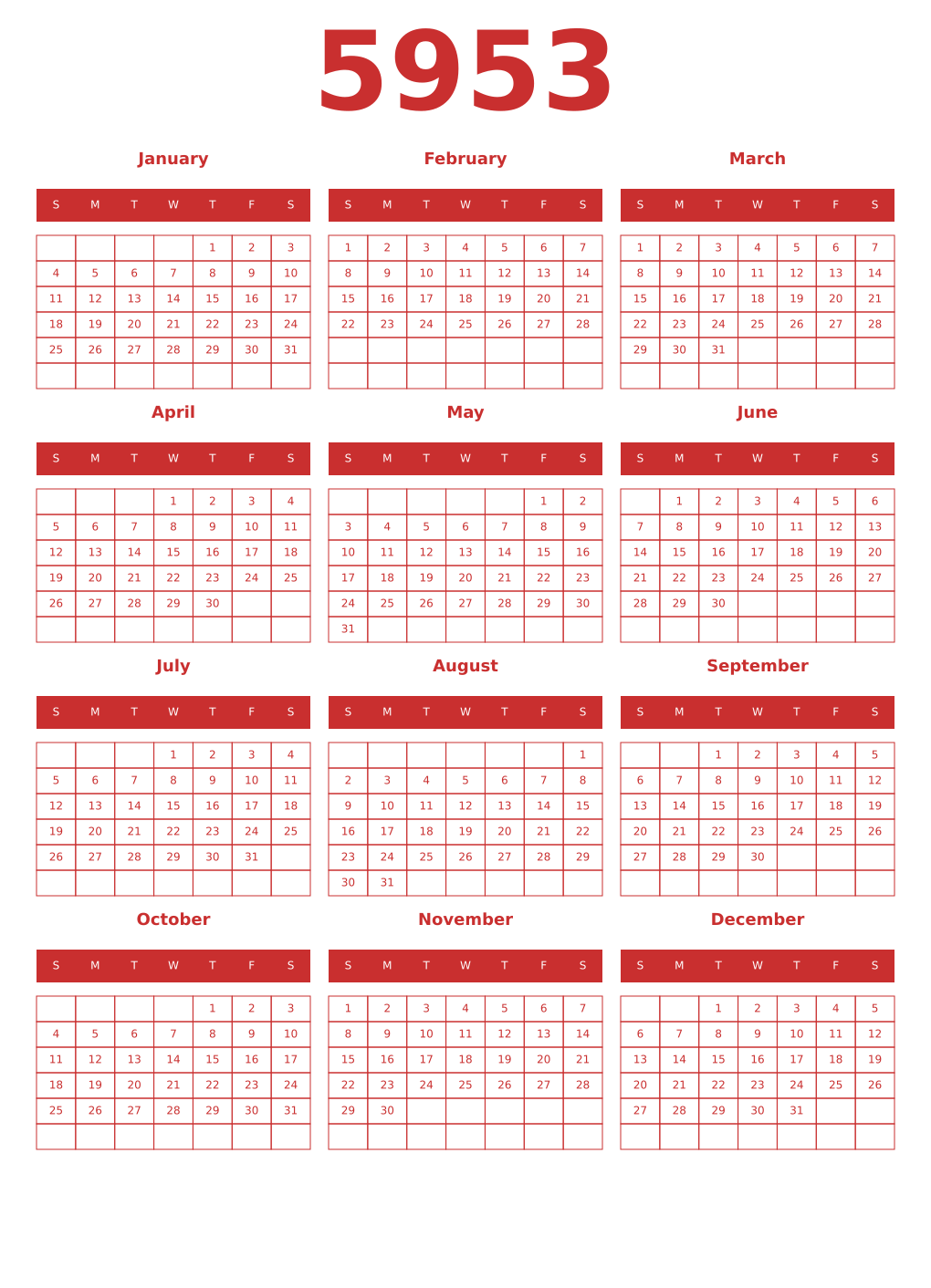 Printable 5953 Year Calendars red