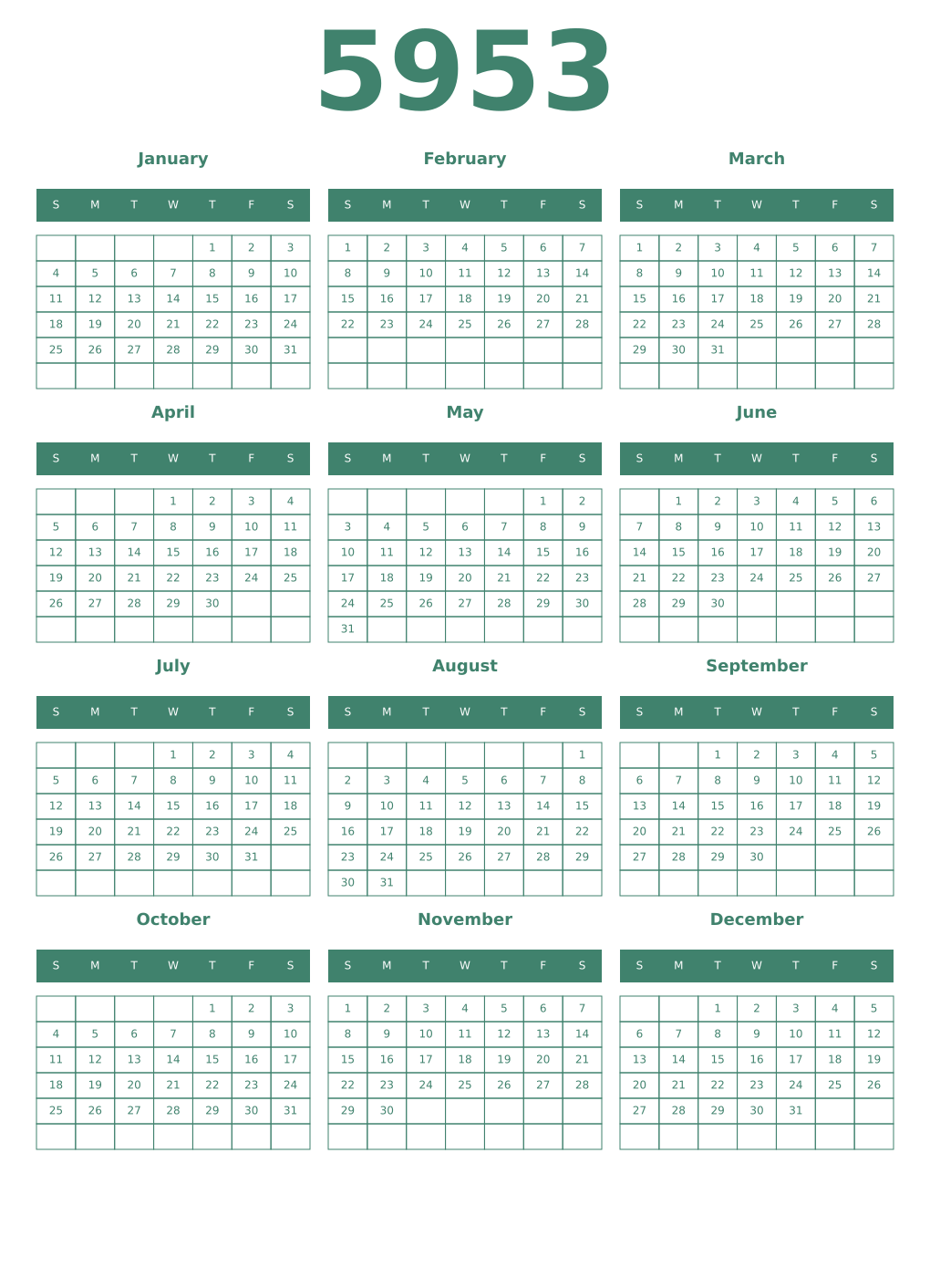 Printable 5953 Year Calendars viridian