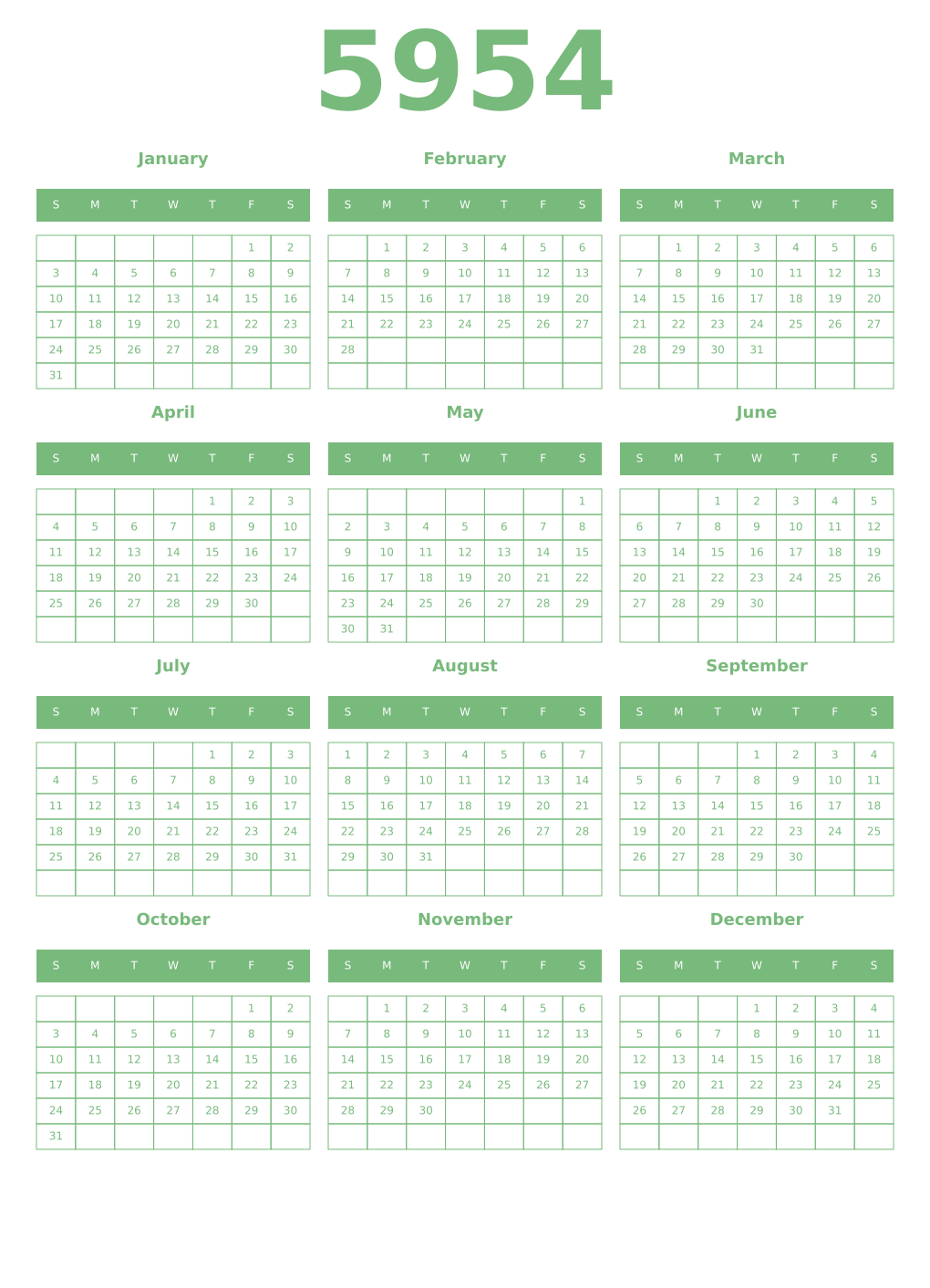 Printable 5954 Year Calendars celadon