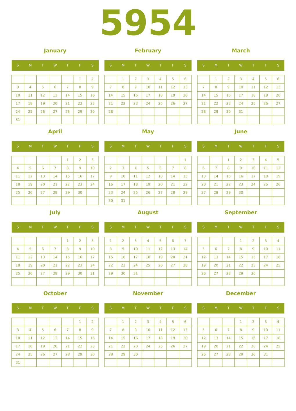Printable 5954 Year Calendars chartreuse