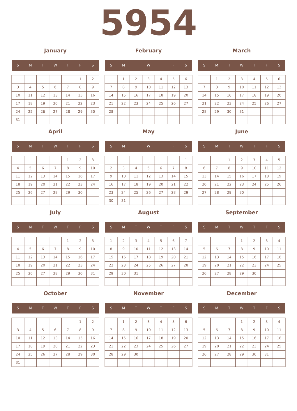 Printable 5954 Year Calendars coffe