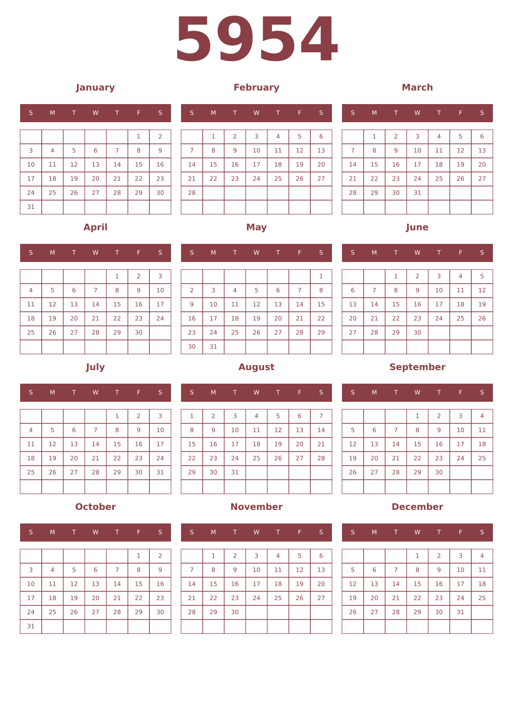 Printable 5954 Year Calendars cordovan