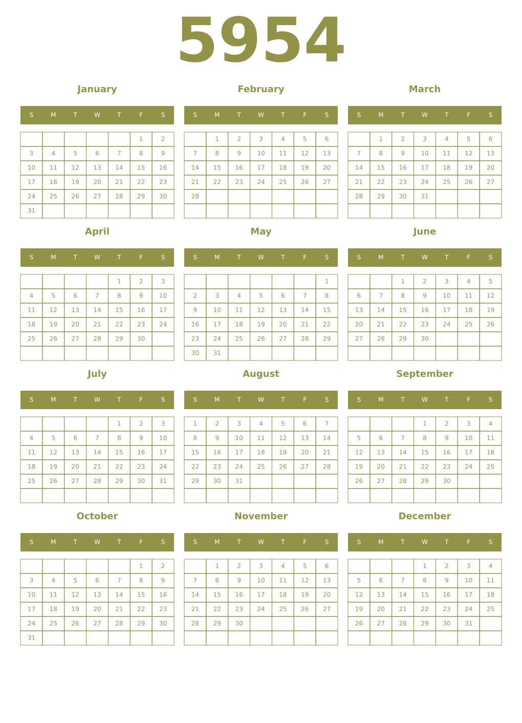 Printable 5954 Year Calendars eburnean